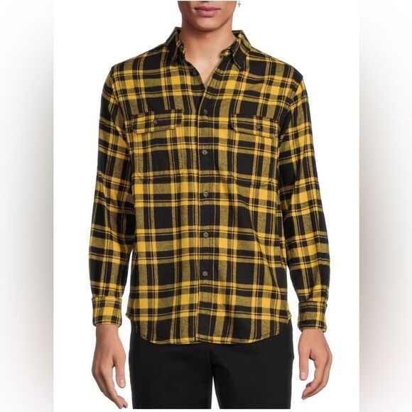 George size medium men’s plaid flannel shirt, black, and yellow - Picture 1 of 12